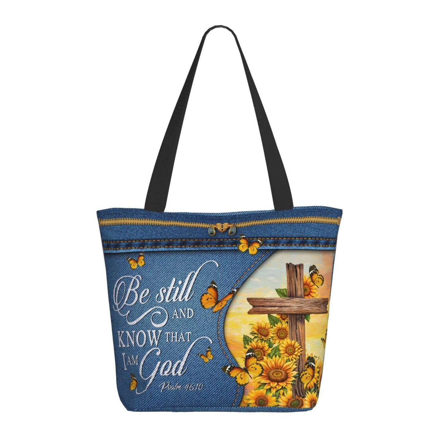 Sunflower Butterfly And Cross Bible Print Tote Bag Christian Gift Bible Women'S Handbag Christian Gifts Zippered Inspirational Tote Bags For Women Bible Verse Shoulder Bag Art Tote For Fit Work