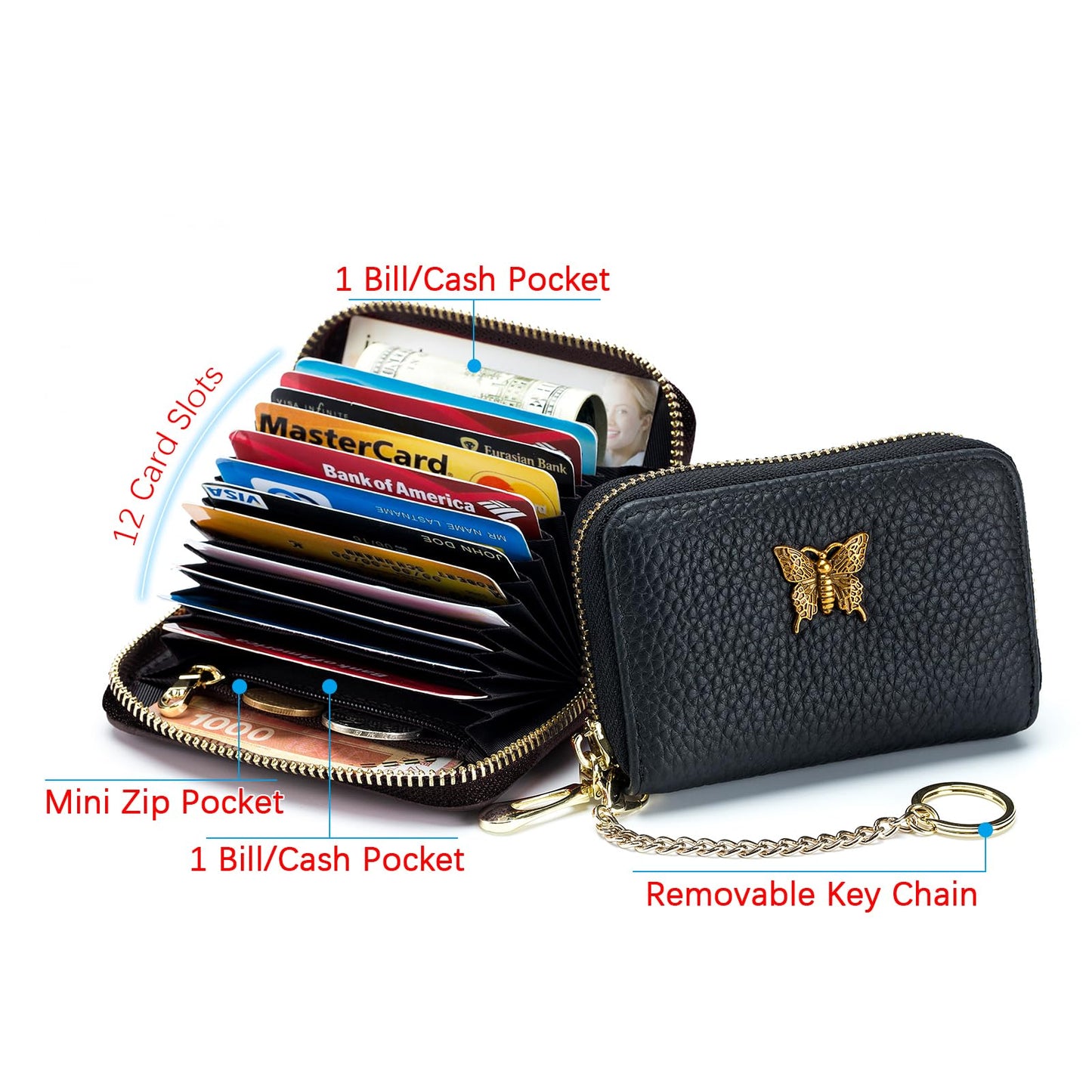 imeetu RFID Credit Card Holder for Women Genuine Leather Card Case Wallet with Zipper and Removable Keychain (Black)