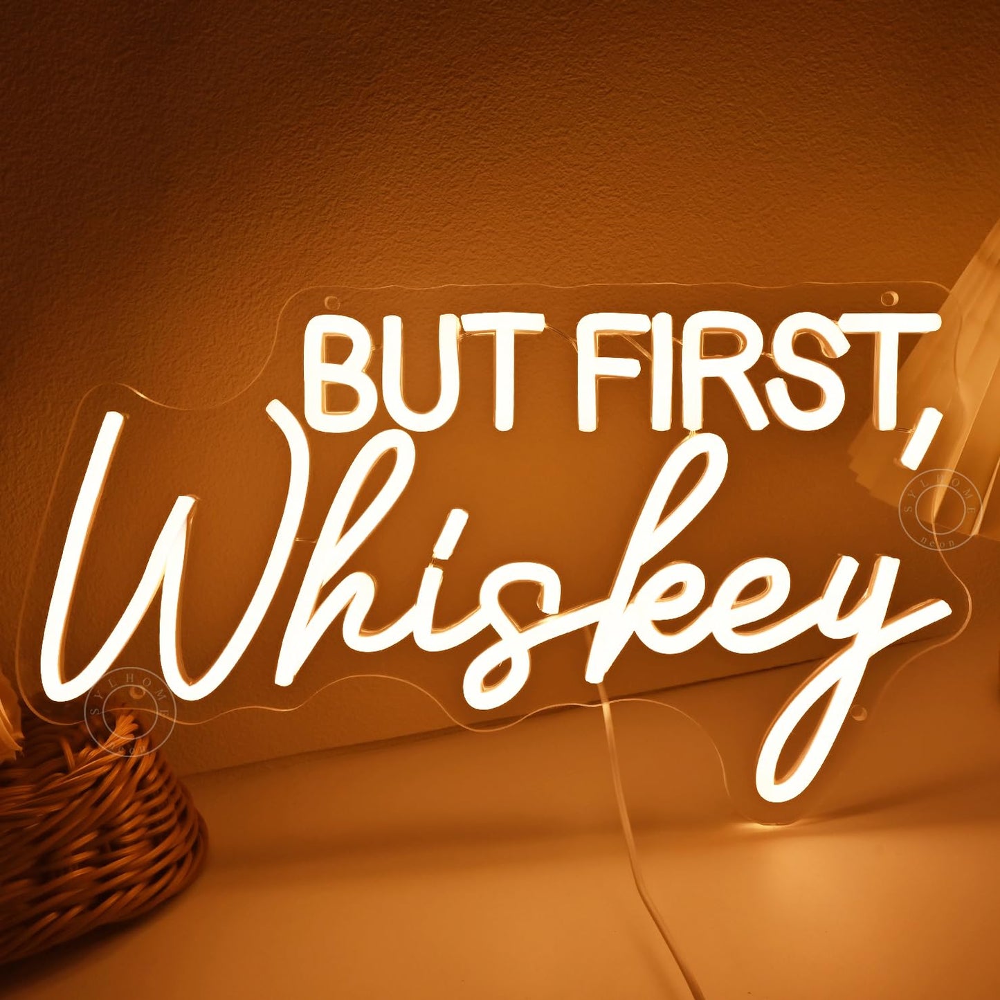 SYLHOME But First Whiskey Led Neon Light Sign Home Bar Home Bedroom Pub Wall Sign Decor Wedding Birthday Christmas Party Backdrop 15.75" X 8.82" USB