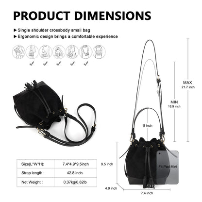 AFKOMST Faux Suede Bucket Bags and Drawstring Crossbody Boho Purse for Women Medium Hobo Handbags with 2 Shouder Straps (Black)
