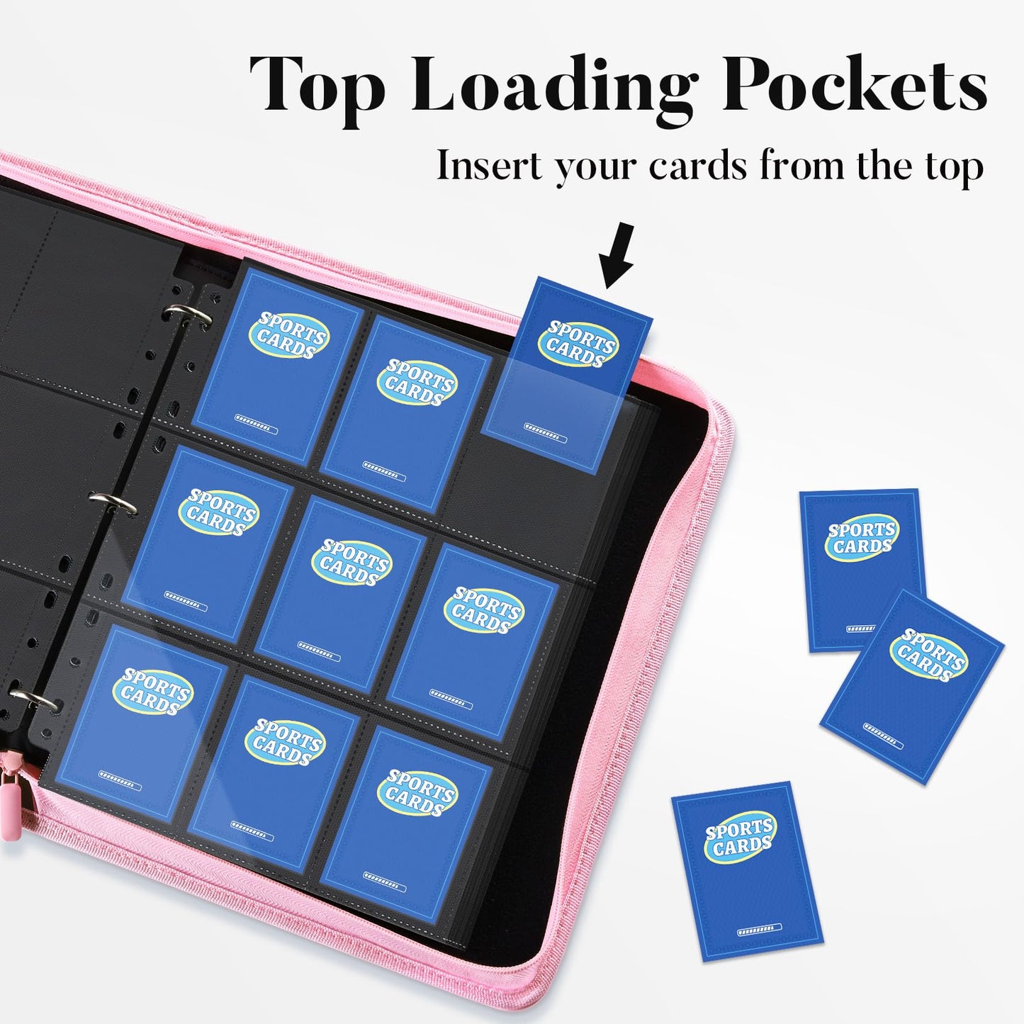 Fabmaker 9 Pocket Card Binder, Premium Trading Card Binder Holds 756 Cards, PU Cover 3 Ring Zipper Card Binder, Portable Baseball Card Binder, Collection Album for Game & Sport Cards, Pink