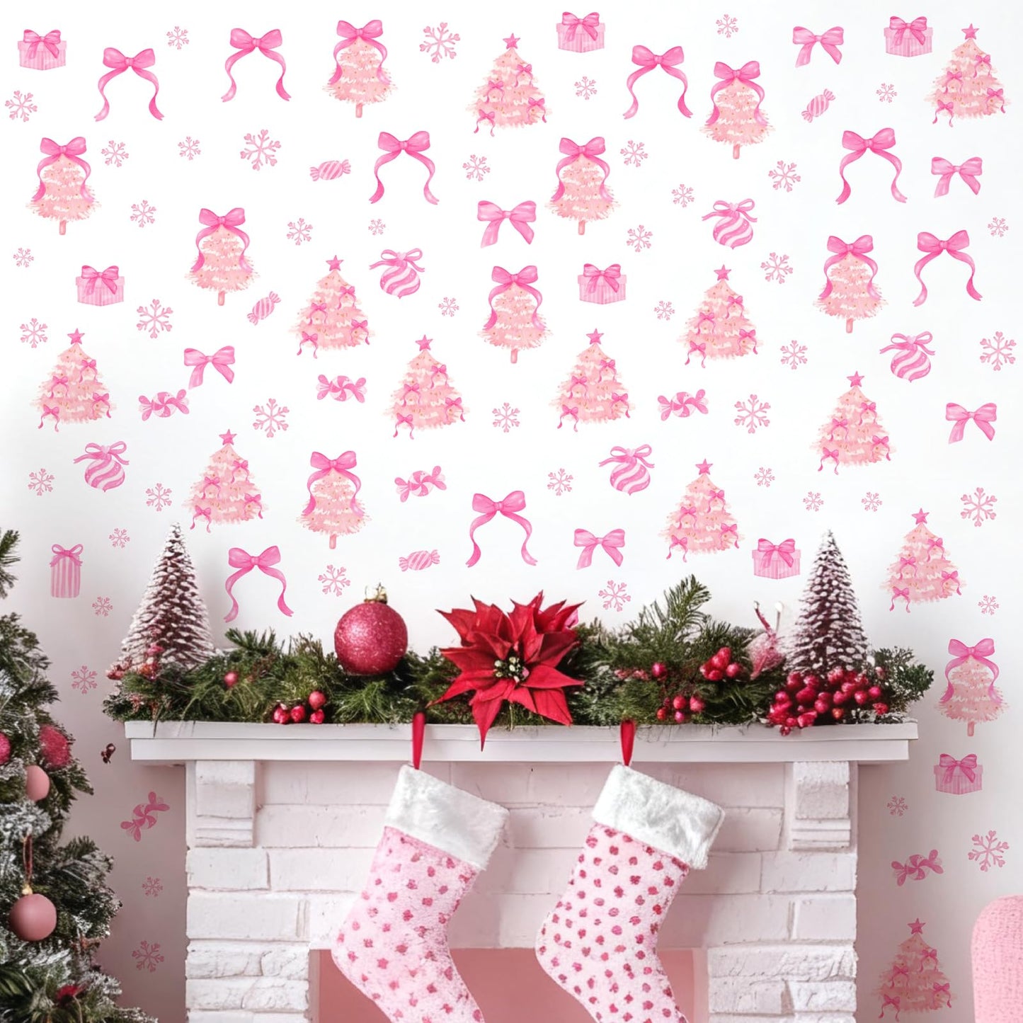 Pink Christmas Wall Stickers Xmas Tree Wall Decals Peel and Stick Bow Sticker for Walls Decoration Indoor Bowtie Decals for Crafts Snowflakes Coquette Art Murals for Girls Bedroom Living Room Decor