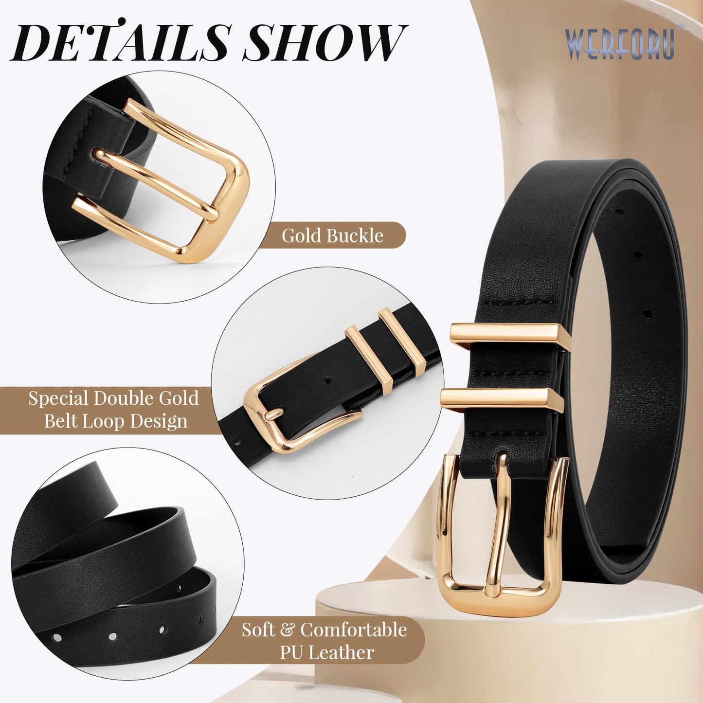 WERFORU 3 PACK Women Belt Women Fashion Leather Belts for Jeans Pants Ladies Belts with Gold Buckle,A-Black+Brown+Beige,Fit Waist Size 32-36 Inches