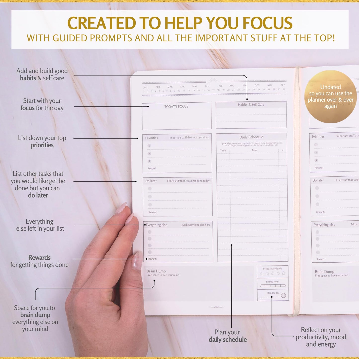 ADHD Daily Planner for Neurodivergent Adults – Premium Leather Productivity & Task Management Planner with Guided Focus Pages, 170gsm Paper, Gold Foiling & Gift Box – Undated Organizer | A5 (Nude)