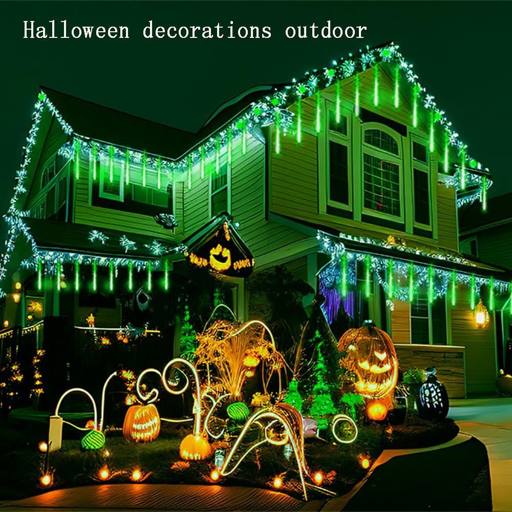 Kwaiffeo Green Christmas Lights, 24 Tubes Meteor Shower Lights(Equivalent to 3 Sets of 8-Tube) for Halloween Christmas Decorations Outdoor, Green Lights for Xmas St. Patrick's Day Party Tree, UL Plug
