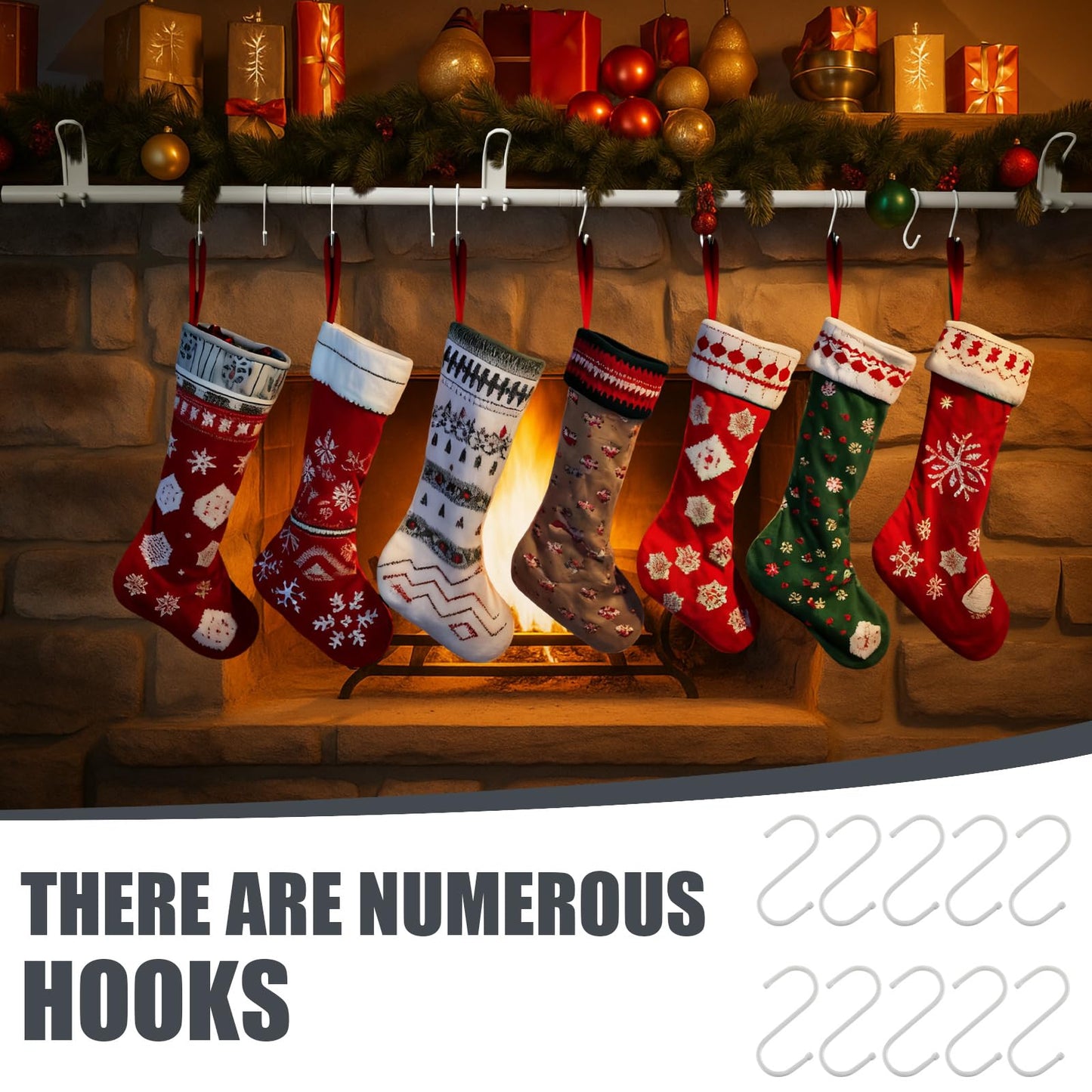 Hoolerry 3 in 1 Christmas Stocking Garland Hanger for Mantle Fireplace 3 Mantel Garland Hangers with 4 Adjustable Tension Rods 10 S Hooks for Xmas Holiday Stocking Wreath Hanging Ornament Decorations