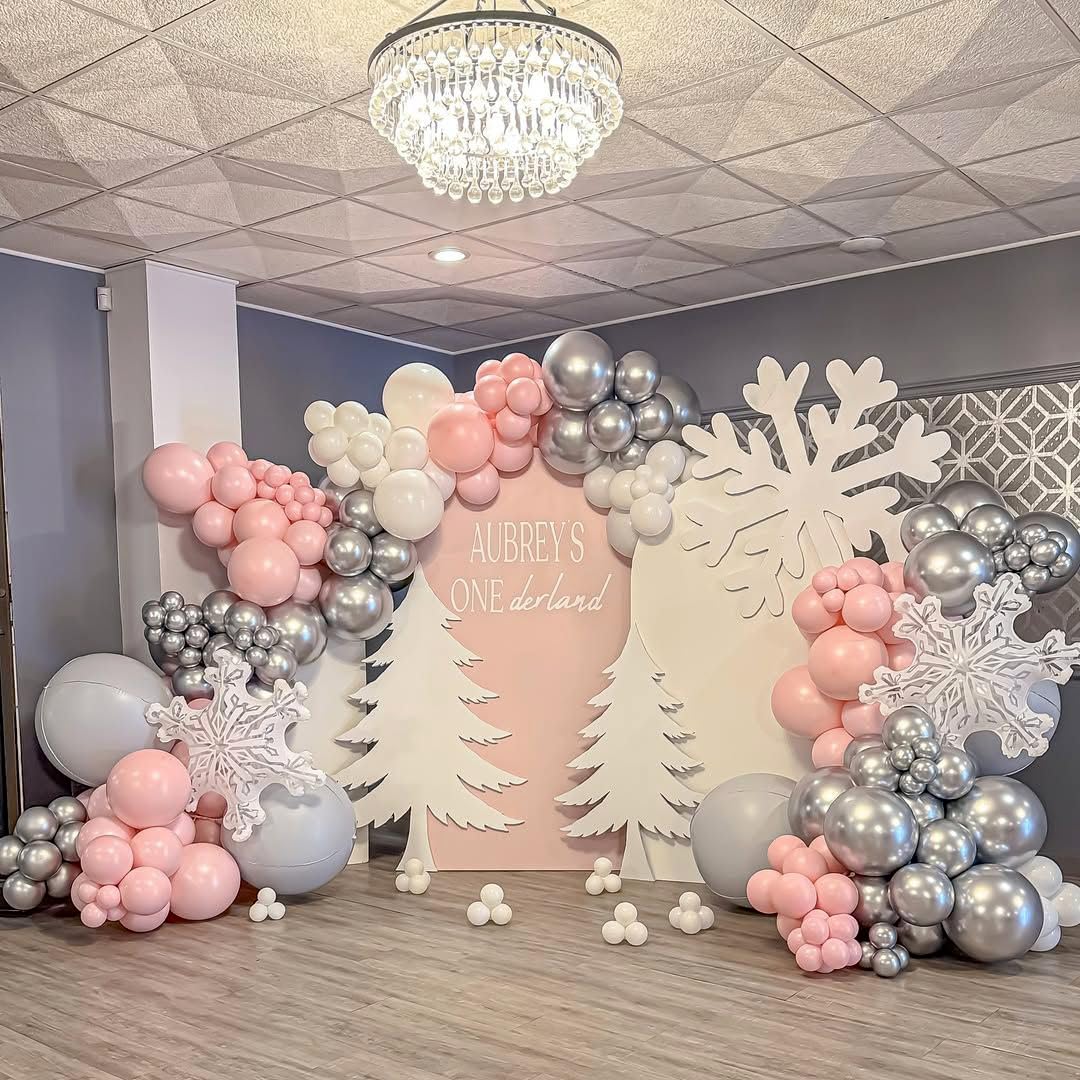 Pink White Silver Balloons Arch Kit, 162pcs Winter Wonderland Garland with Pastel Pink White Metallic Silver and Confetti Balloons for Wedding Princess Snowflake Theme Birthday Party Decorations