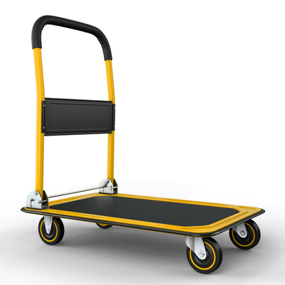 Heavy Duty Foldable Push Cart Dolly | 330 lbs. Capacity | Upgraded Collapsible Hand Truck Folding Platform with Swivel Wheels | Flat Bed Moving Wagon | Space Saving Push Handle (Yellow)