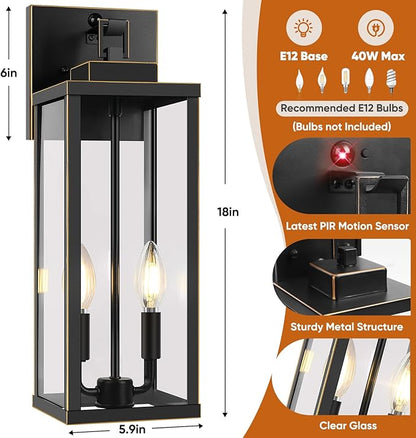 BesLowe 18” Upgraded Motion Sensor Outdoor Wall Lights, Dusk to Dawn Porch Lights Outdoor Wall Sconces, 3 Lighting Modes Exterior Lighting Fixtures with Hooks, Bronze Outside Lights for House, 2-Pack