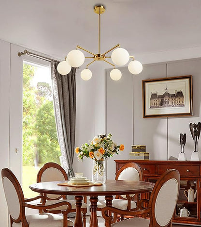 6-Lights Globe Mid Century Chandelier Modern Sputnik Pendant Light Fixture with G9 Bulb Brushed Brass Finished with White Globe Glass Lampshade Dining Kitchen Island Bedroom Lighting (Gold)