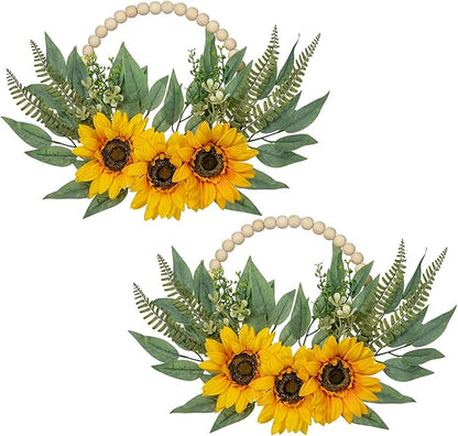 Spring Wreaths for Front Door 10" Artificial Floral Wood Bead Wreaths Eucalyptus Leaves Sunflower Wreaths for Front Door Boho Farmhouse Wall Decor 2 Pack
