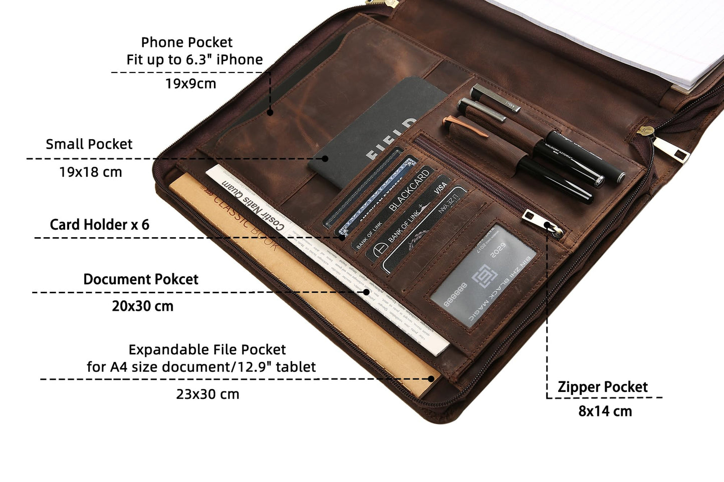 Handmade Genuine Leather Portfolio Organizer for IPad/Document, Business Padfolio with A4 Leather Notepad Holder, Leather Compact Folder Conference Portfolio for Men and Women, Dark Khaki