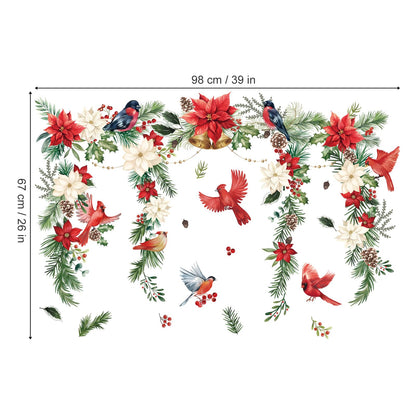 wondever Christmas Flower Cardinal Wall Stickers Christmas Leaves and Floral Red Bird Christmas Window Wall Art Decals for Party Window Xmas Home Party