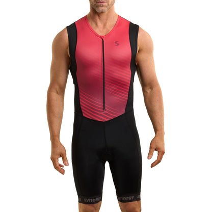 Synergy Triathlon Tri Suit - Men's Race Sleeveless Trisuit (Black/Ruby, XX-Large)
