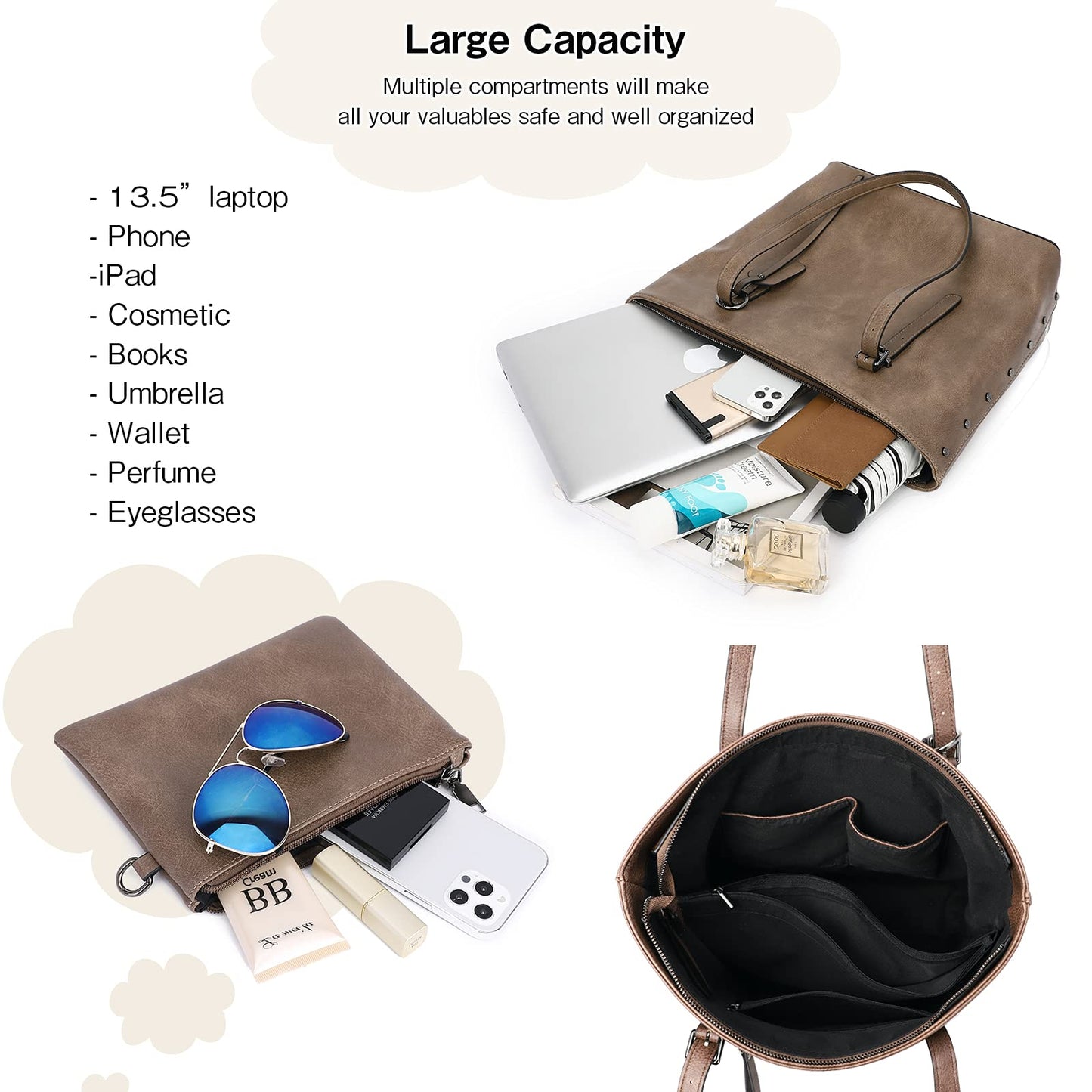 KL928 Handbag for Women Tote Bag PU Leather Large Shoulder Bag Top Handle Satchel Purses 2Pcs Set (Brown-01)
