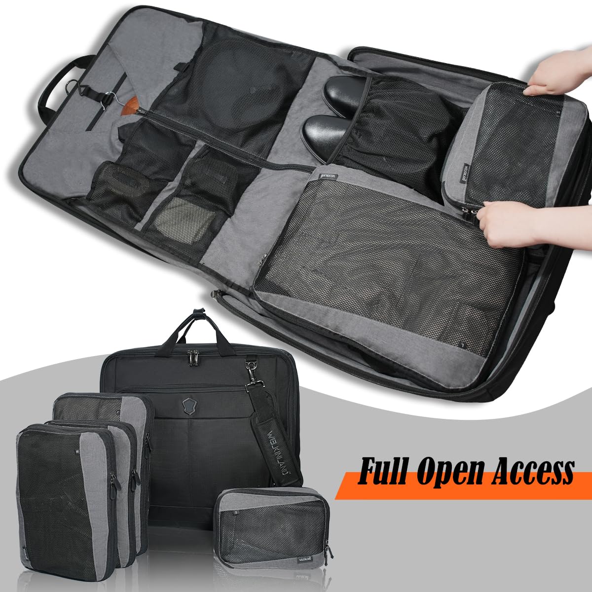 WELKINLAND 3-Suits Garment Bags for Travel W/ 4-Pack Compression Packing Cubes, 30L-Large Carry On Garment Bag for Travel, 15-Pockets Suit Holder Travel Bag, Wrinkle-Free Suit Garment Bag for Men