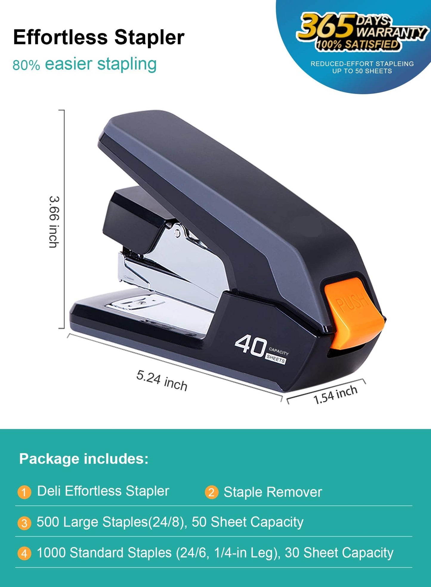 Leven Effortless Desktop Stapler, 40 Sheet Capacity, One Finger Touch Stapling, Easy to Load Ergonomic Heavy Duty Stapler, Includes 1500 Staples and Staple Remover