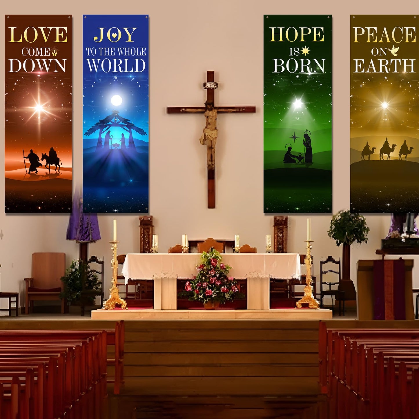 Hahafelt 4 Pcs Advent Church Banners for Sanctuary Wall, 2 x 6 ft Nativity Scene Banner Easter Religious Hanging Sign for Schools Church Easter Nativity Decor