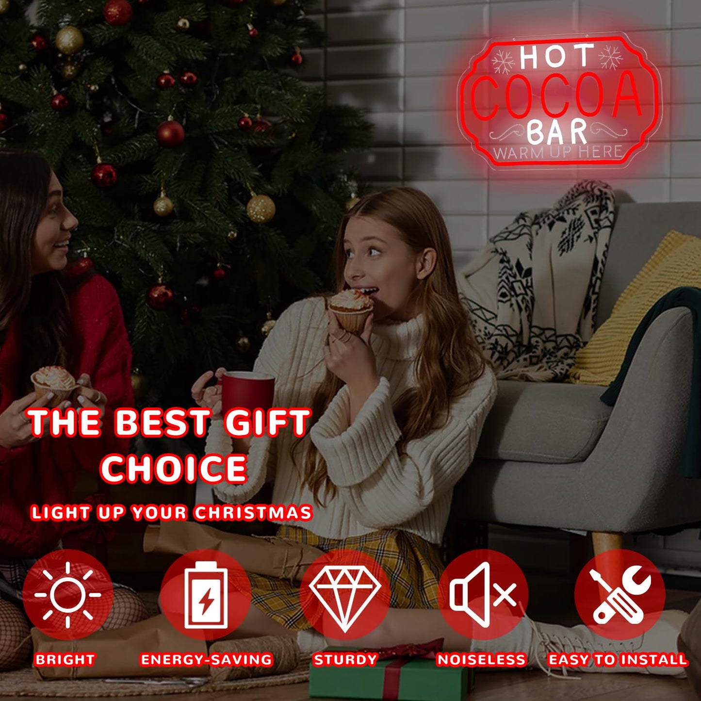 hhuohuona Hot Cocoa Bar Neon Sign Dimmable Christmas Coffee Led Sign Hot Chocolate Bar Warm Up Here Neon Lights Vintage Cocoa Light Up Sign for Kitchen Cafe Stations