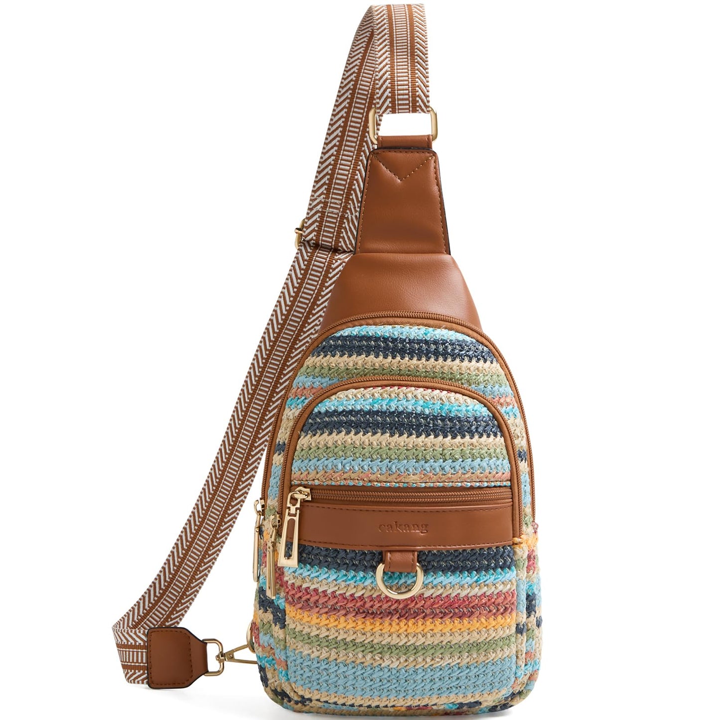 cakang 7L Straw Crossbody Bags for Women - Fashion Sling Chest Bag with Rainbow Woven Design, Lightweight Fanny Pack Travel Leather Shoulder Bag (Brown)