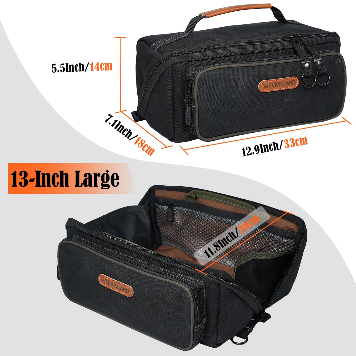 WELKINLAND LayFlat Tool Pouch Organizer, 13-Inch Small Tool Bag, Heavy-Duty Waxed Canvas Tool Pouch, 5-Pocket Small Tool Bags with Zipper, Wide-Open Electrician Tool Bag