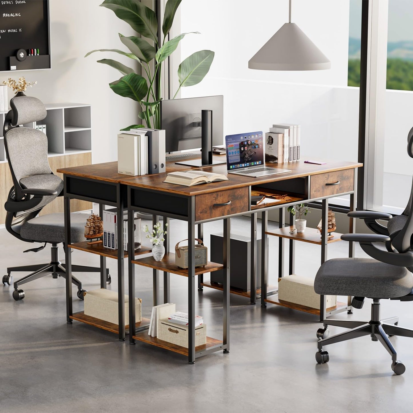 UOCFYK 47 Inch Computer Desk with 2 Drawers, Home Office Desk with Wooden Shelves, Study Writing PC Table for Small Spaces, Bedroom, Dorm or Living Room, Rust