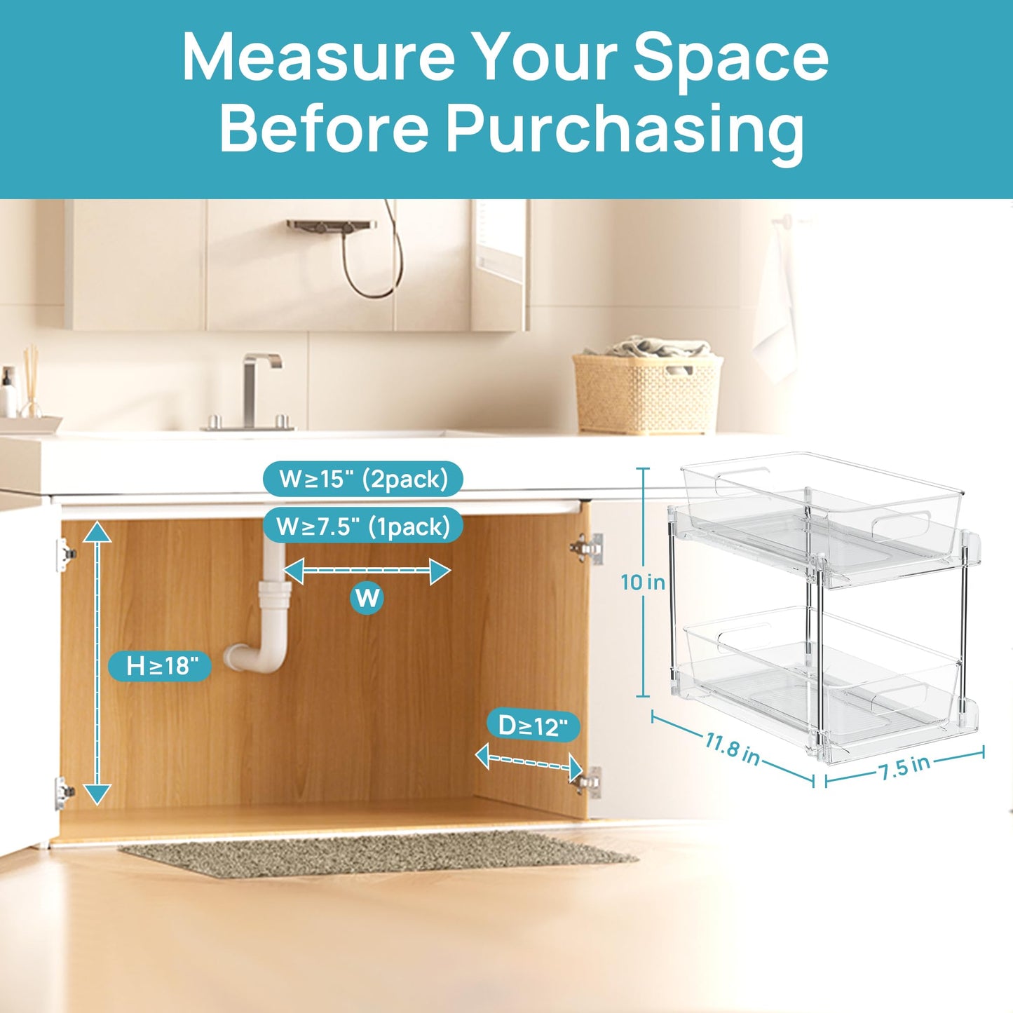 Vtopmart 2 Tier Bathroom Storage Organizer, 2 Pack Clear Under Sink Organizers Vanity Counter Container, Cabinet Drawers Bins, Pull-Out Organization with Track for Pantry, Kitchen