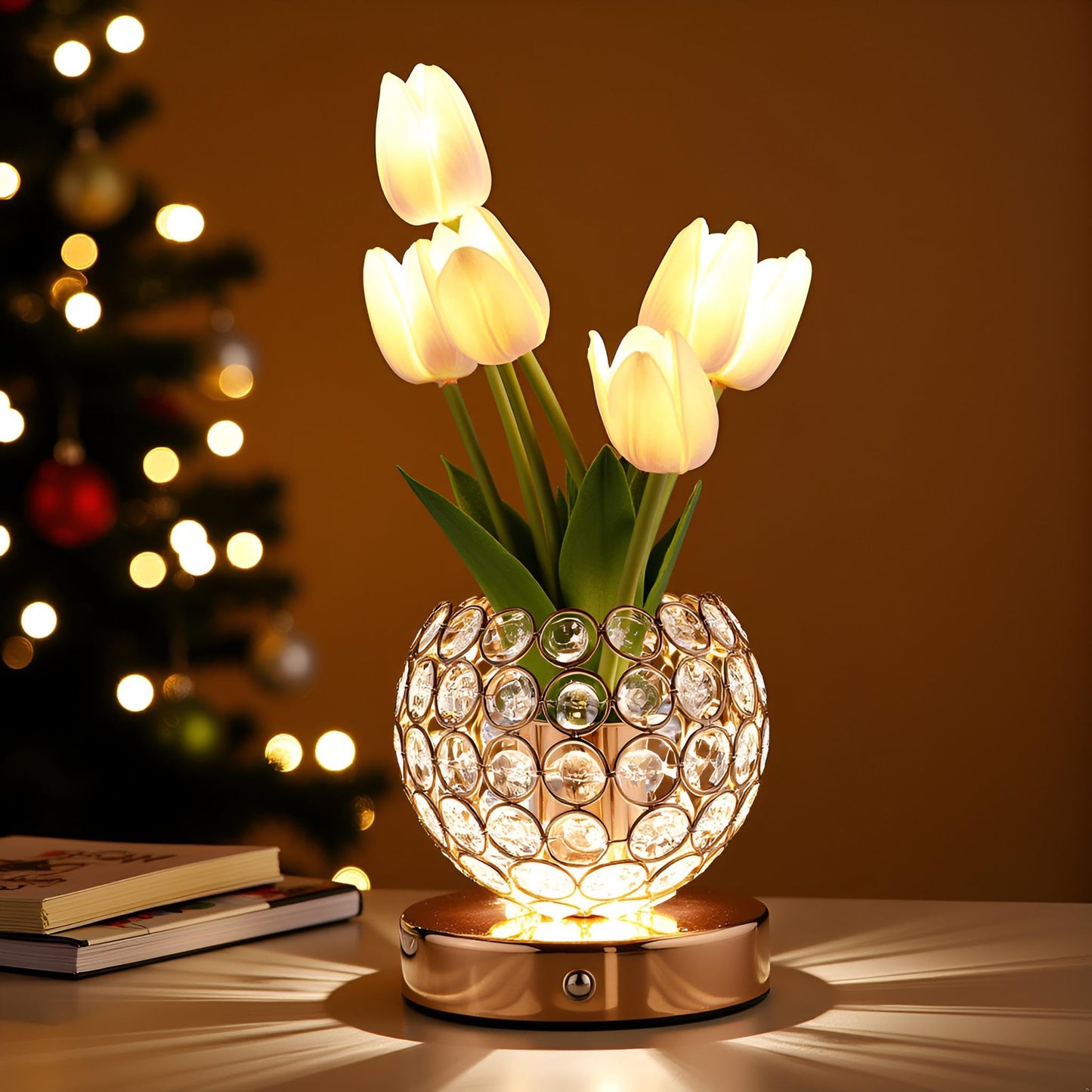Cordless Tulip Flower Lamp, Adjutable Touch Dimming Crystal Night Light with Artificial Tulip Flower, Rechargeable LED Flower with Vase Lamp Romantic Decor for Bedside Nightstand, Gift for Mother