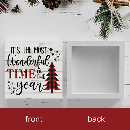 It's The Most Wonderful Time of The Year Wood Box Sign, Retro Farmhouse Christmas Santa Artwork Decor 5 x 5 Inches