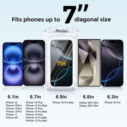 ProCase [Floatable] 2 Pack Floating Waterproof Phone Pouch Up to 7", IPX8 Underwater Phone Case Dry Bag for iPhone 16 15 14 13 12 11 Pro Max Xs Max XR X 8 7 Plus SE/Galaxy S24 S23 S22 -Clear