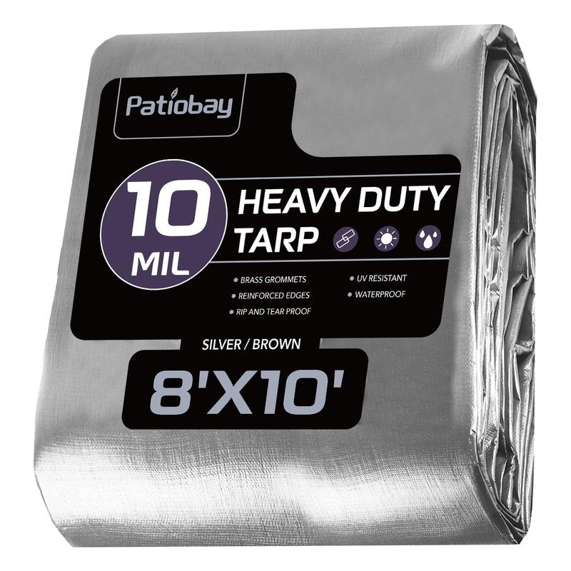 Patiobay Tarp 8x10 Feet, 10 Mil Waterproof Tarps Heavy Duty with Grommets Every 23.6", Thick Plastic Tarp, UV Resistant Tear&Fade Resistant, Reinforced Edges for Outdoor Pool Camp Tent