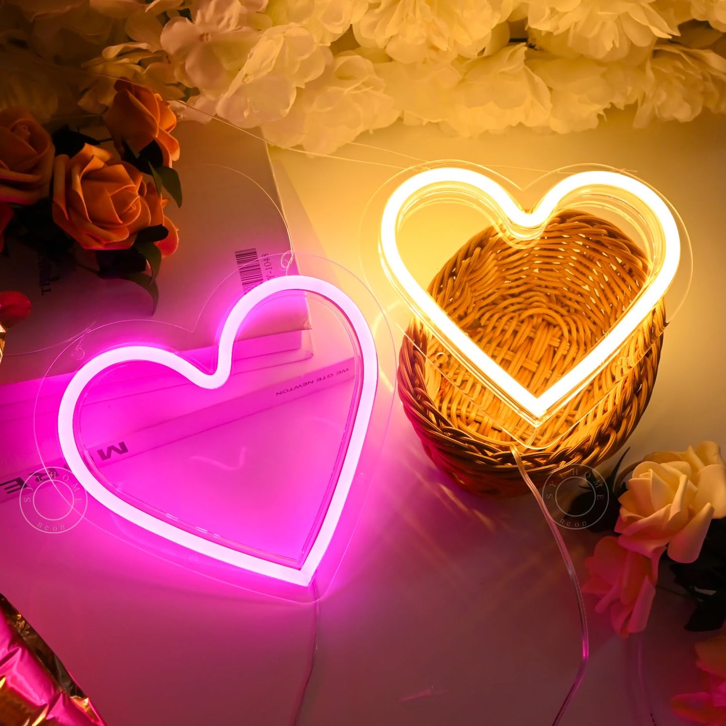 SYLHOME 2 Pack Heart Led Neon Light Sign Battery Operated or USB Powered Bedroom Wedding Wall Sign Decor Birthday Christmas Gifts USB 7.87" X 7.28" Pink & Warm White
