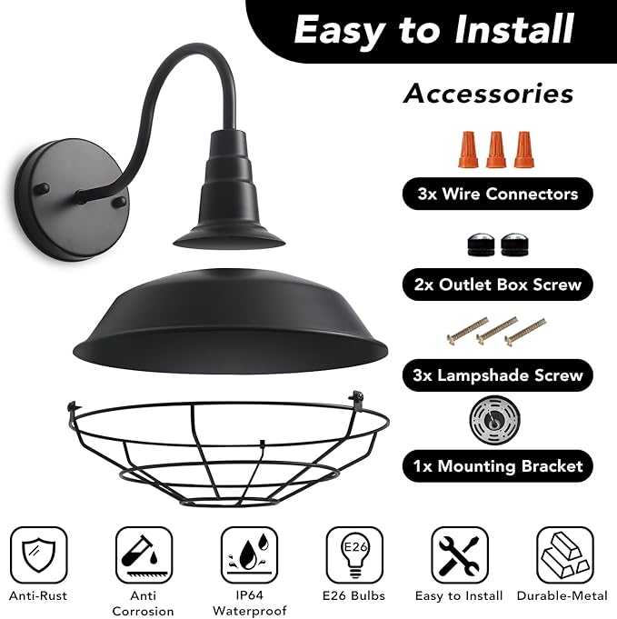 Outdoor Gooseneck Barn Light Fixture, Farmhouse Exterior Wall Sconce, Vintage Rustic Wall Mount Lamp with Metal Cage, Industrial Black Waterproof Lantern for Proch, Patio, Garage, Backyard, Warehouse