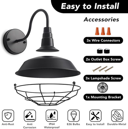 Outdoor Gooseneck Barn Light Fixture, Farmhouse Exterior Wall Sconce, Vintage Rustic Wall Mount Lamp with Metal Cage, Industrial Black Waterproof Lantern for Proch, Patio, Garage, Backyard, Warehouse