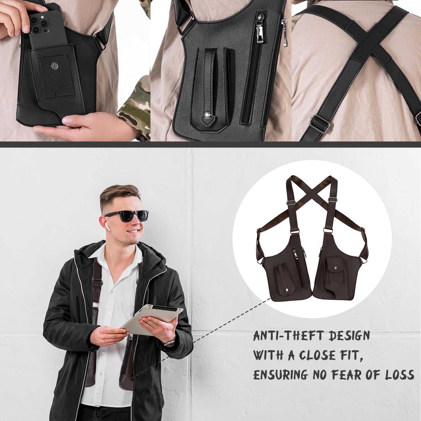 ocalil Double Shoulder Armpit Bag, 2026 New Men Anti-Theft Underarm Wallet Pocket Holster Phone Leisure Double Shoulder Pouch (black)