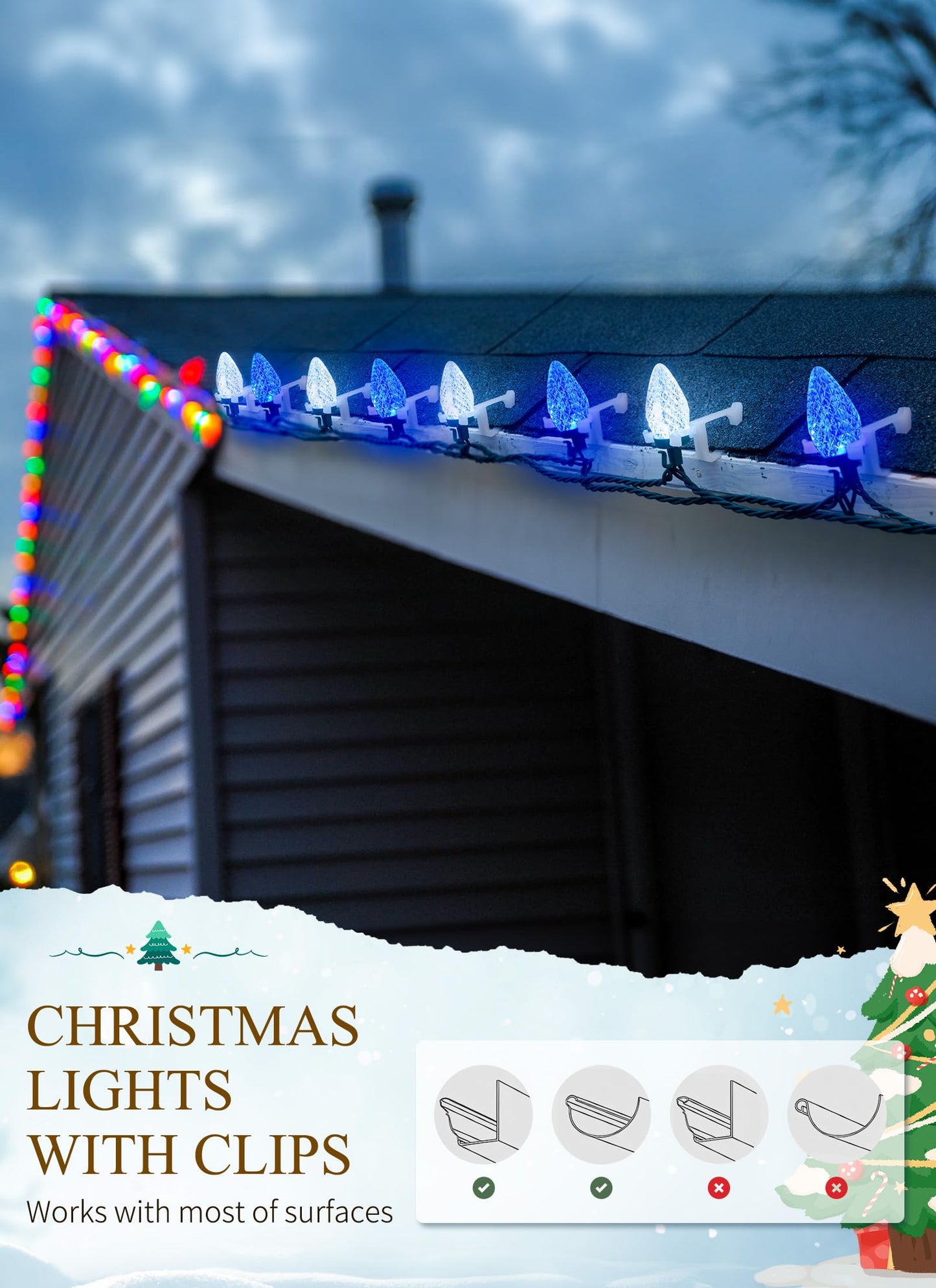 C9 LED Christmas Lights Outdoor, 68 Ft 100 LED String with clips, Waterproof Christmas Tree Lights for Outside Roofline, Garden Decor, Blue & White