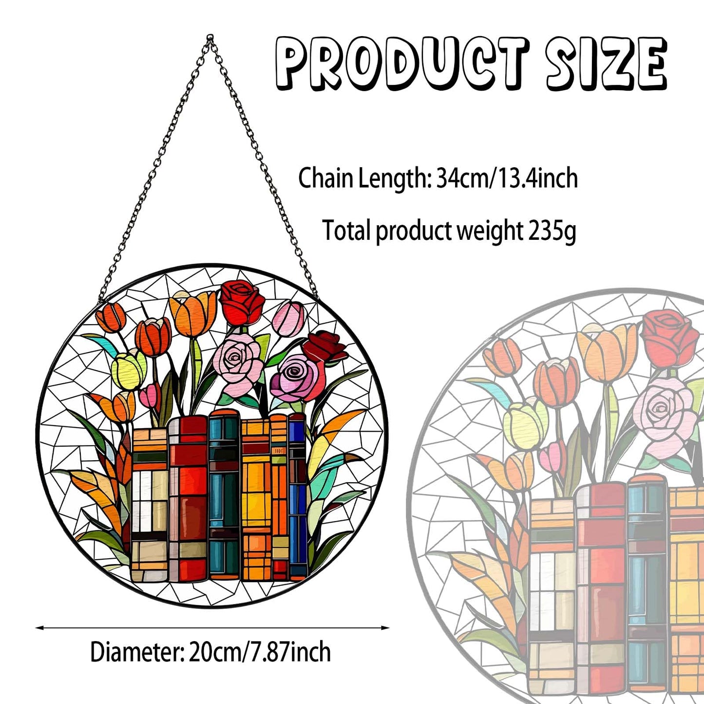 RVEAFA Flower Book Stained Glass Window Hanging 7.8'' Sun Catcher Book Club Lover Gifts for Women Christmas Wall Decor Handmade SunCatcher Decoration for Garden Home Bookish Library Decor