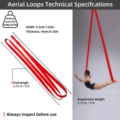 PRIOR FITNESS Aerial Loops Kit, Premium Red Circus Loops w/SGS Certificate, 2.75m/9ft Round Ropes (Pair) for Aerial Gymnastics, Circus Artists, Trapeze & Acrobatics with Wrist Lockers & Carabiners