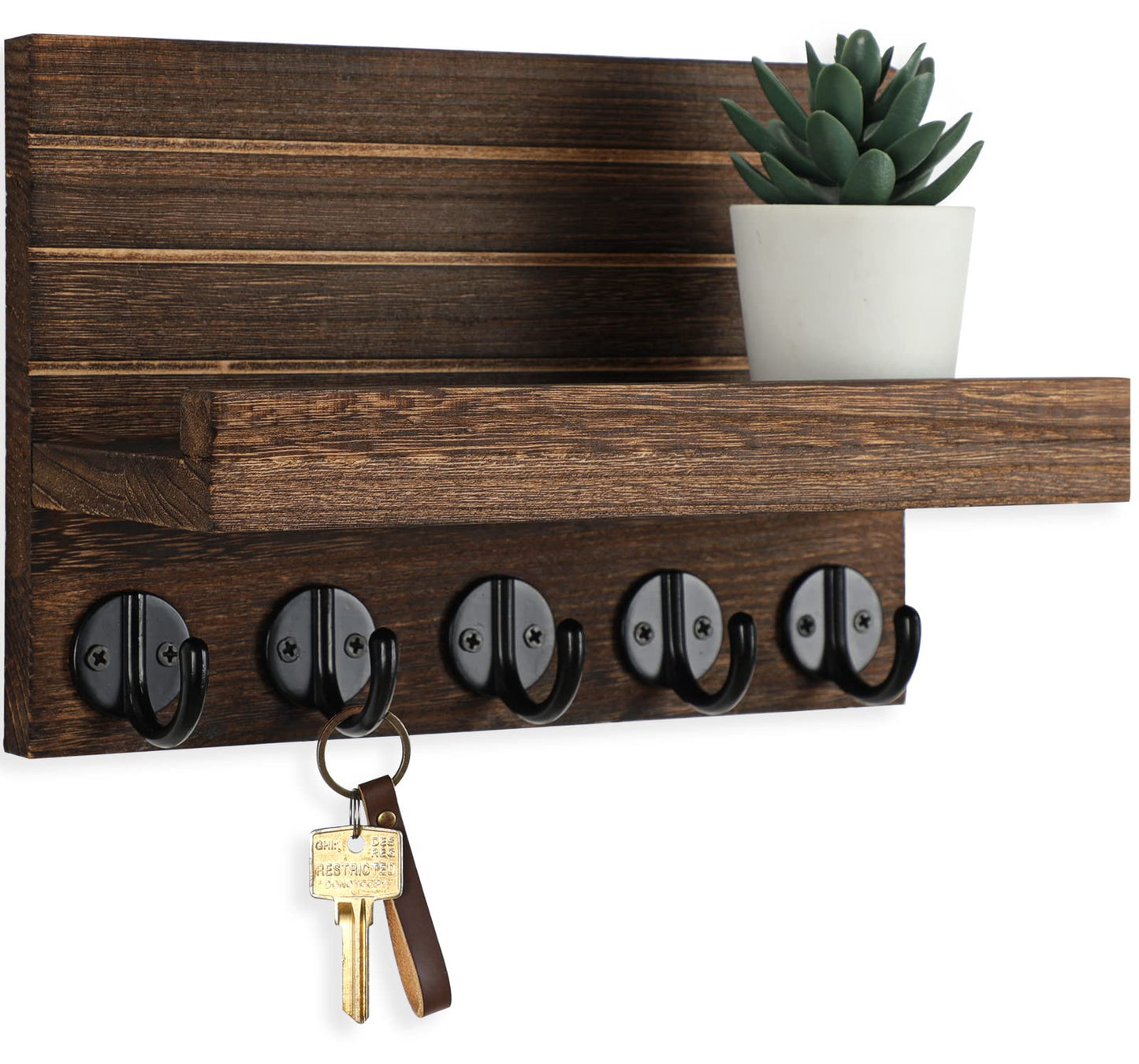 Lwenki Key Holder for Wall, Decorative Key and Mail Holder with Shelf Has Large Key Hooks for Bags, Coats – Paulownia Wood Key Hanger with Mounting Hardware (9.8”W x 6.7”H x 4.2”D) (Brown)