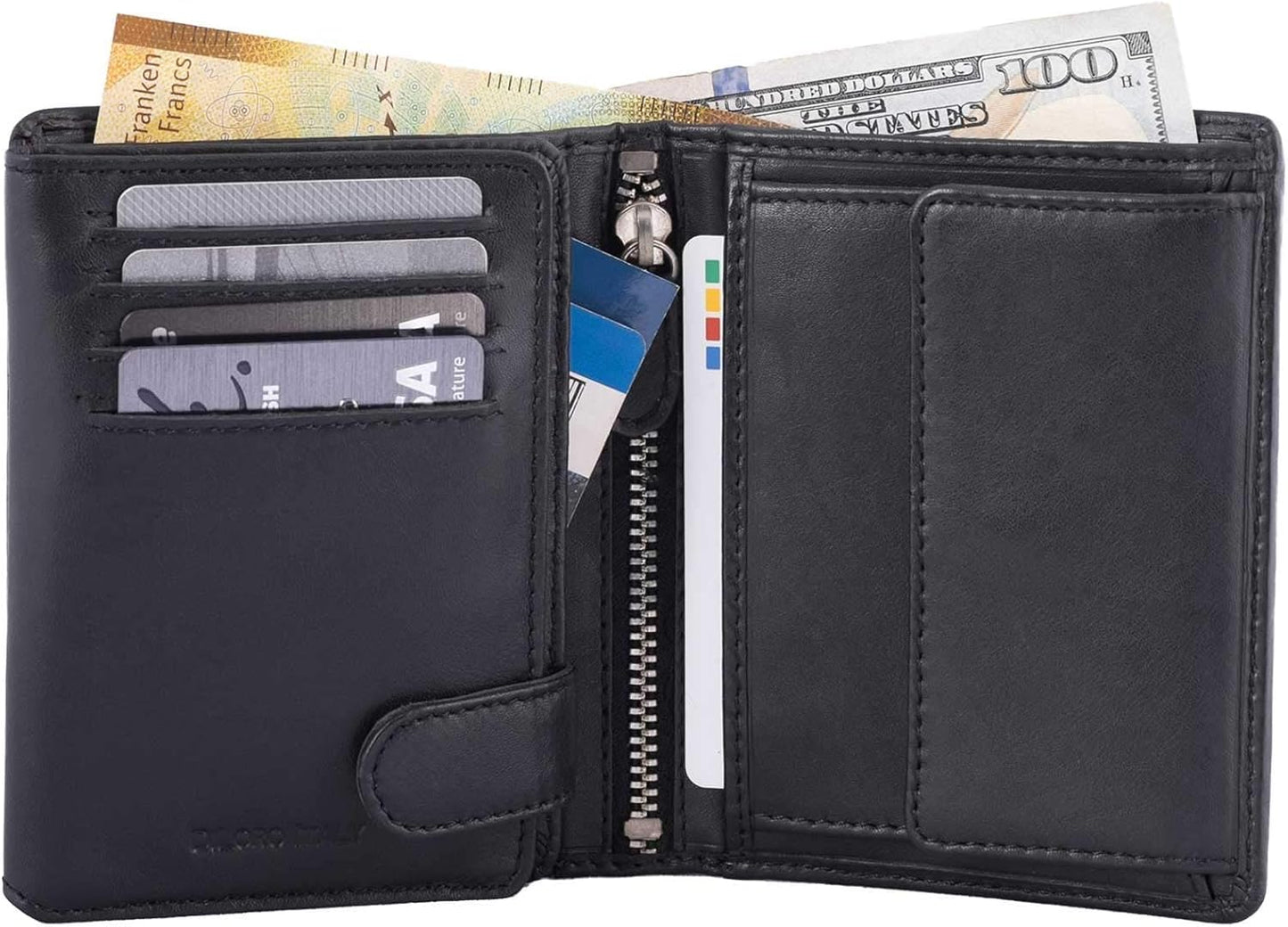 DiLoro Mens Wallet RFID Blocking Genuine Full Grain Leather Bifold Wallet with Flip ID Coin and Secure Zip Compartment Extra Large (Black Nappa)