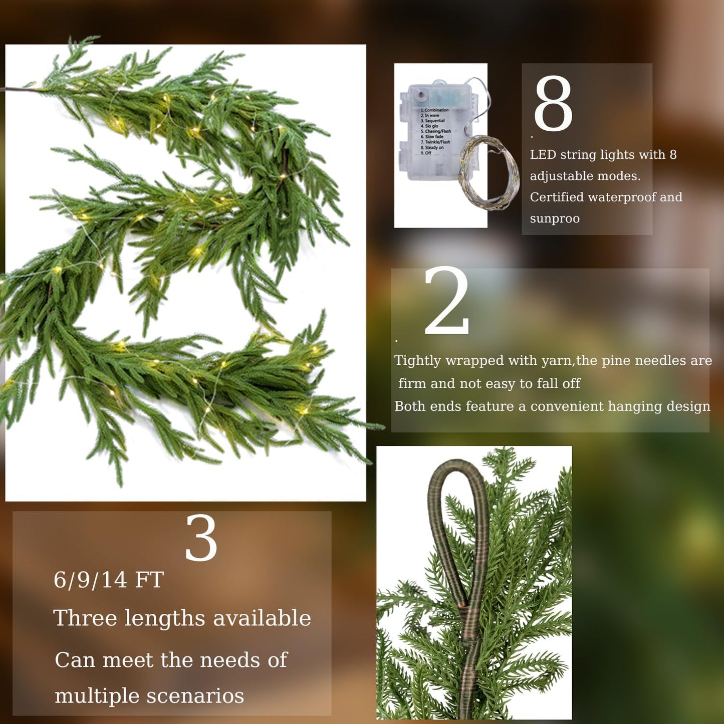 MISSPIN 6ft Christmas Garland with Lights, Real Touch Cedar Pine Garland, Green Artificial Greenery Garland for Table, Mantle, Wall, Indoor, Outdoor Christmas Decorations