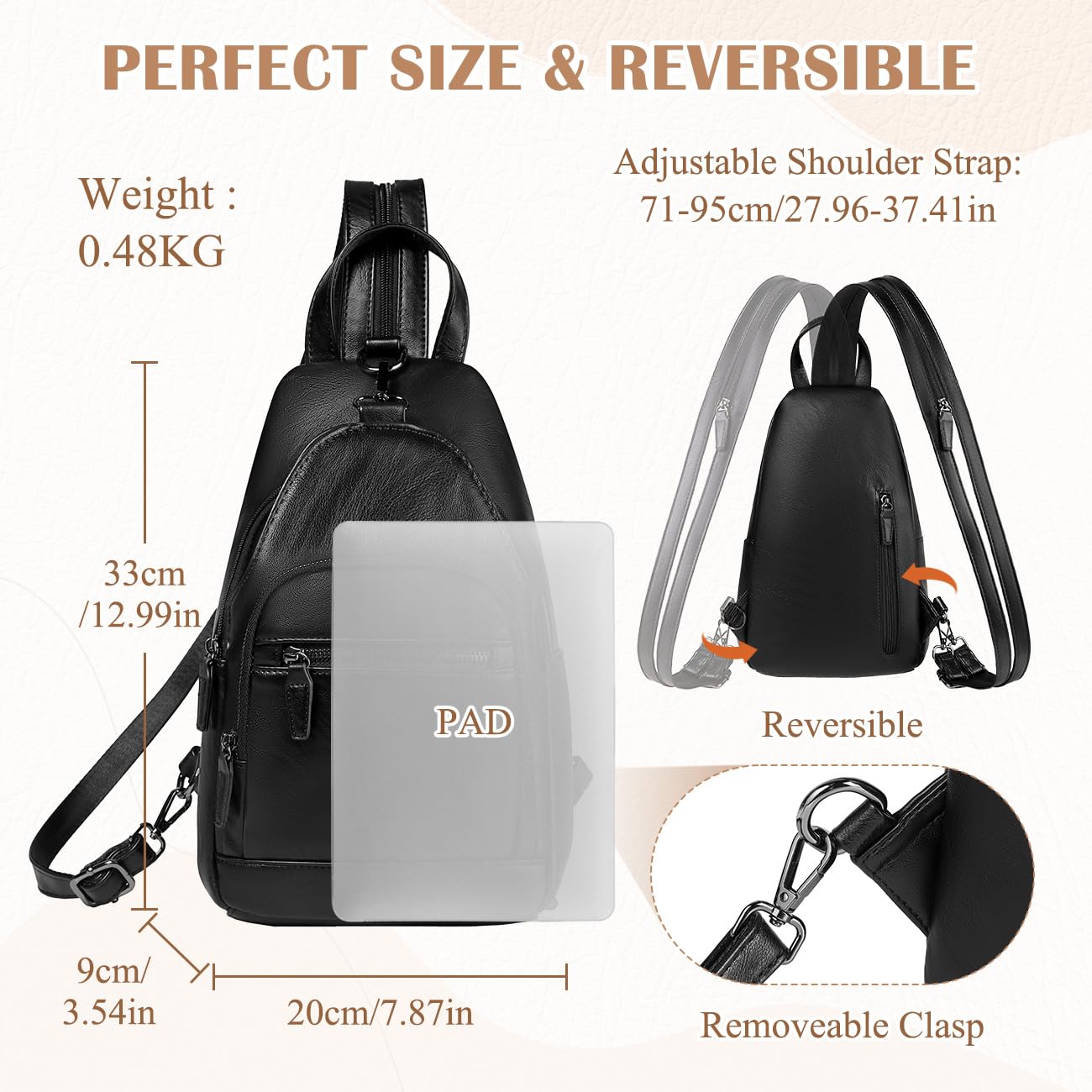 RAVUO Sling Bag for Women, Faux Leather Convertible Backpack Purse Ladies Anti Theft Cross Body Bag with Multi Pockets for Travel Cycling Hiking Shopping,Black