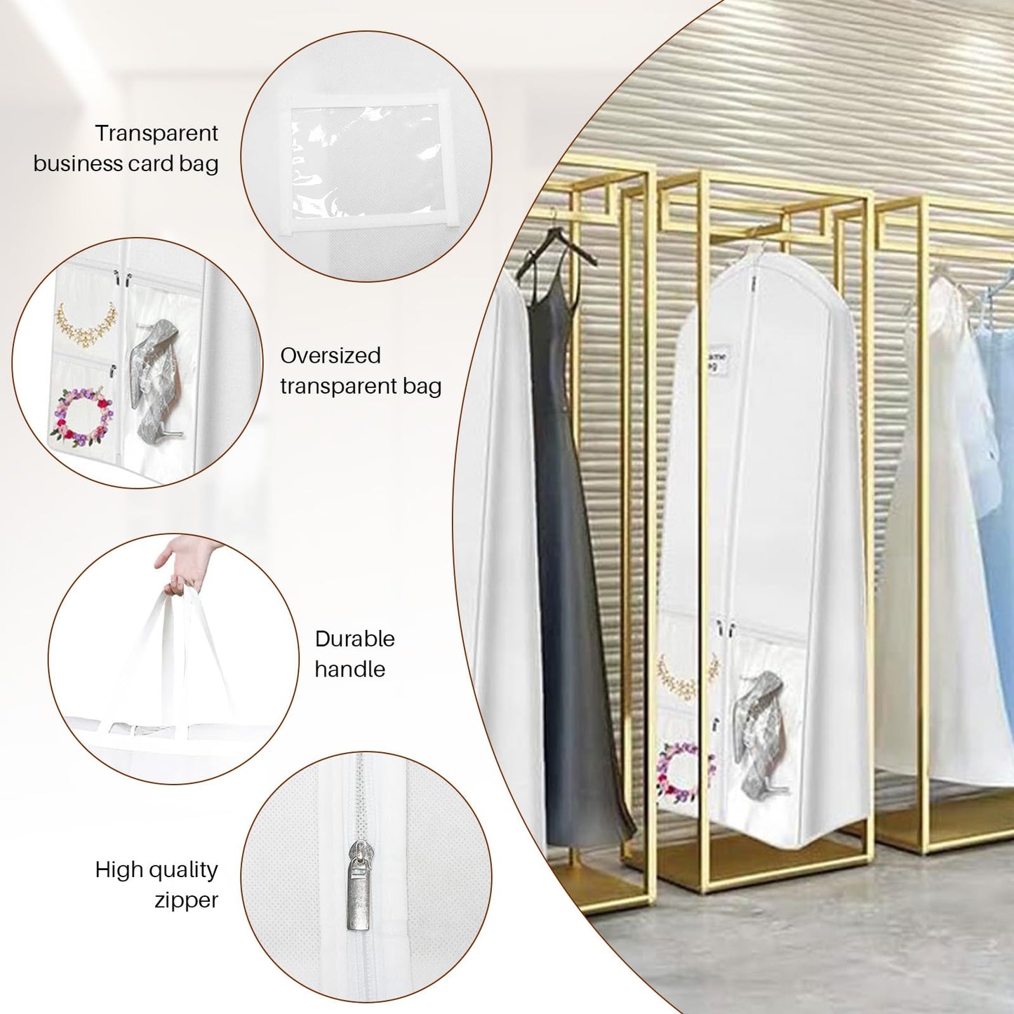 Dress Garment Bags, Long Garment Bags for Travel, 70’’ Wedding Dress Cover with Handle, Foldable Clothing Bag with Pockets and Zippers, White, 180 cm