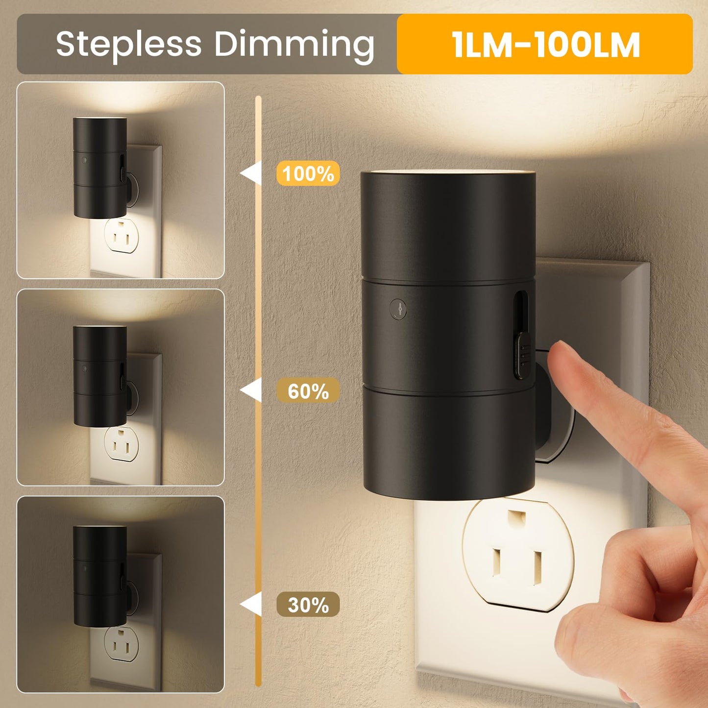 VOLISUN Night Light, Dimmable Led Night Lights Plug into Wall, Amber/3000K/4500K, 0-100LM Adjustable Brightness, Dusk to Dawn Nightlight for Hallway, Bathroom, Bedroom Black 2 Pack
