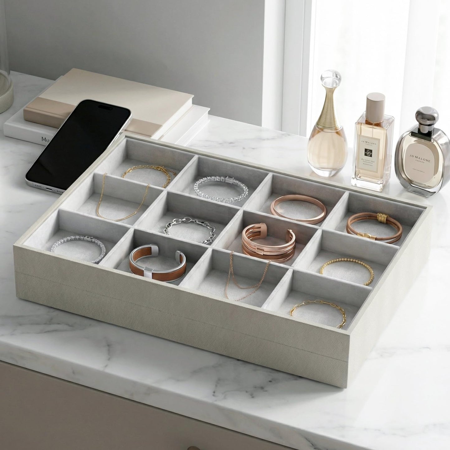 Gghenda 2-Piece Gray leather Stackable Jewelry Organizer Tray Set, Bracelet Ring Earring Holder Box, Necklace Display Stand for Storage and Retail Display (Necklace)