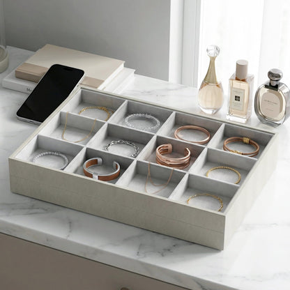 Gghenda 2-Piece Gray leather Stackable Jewelry Organizer Tray Set, Bracelet Ring Earring Holder Box, Necklace Display Stand for Storage and Retail Display (Necklace)