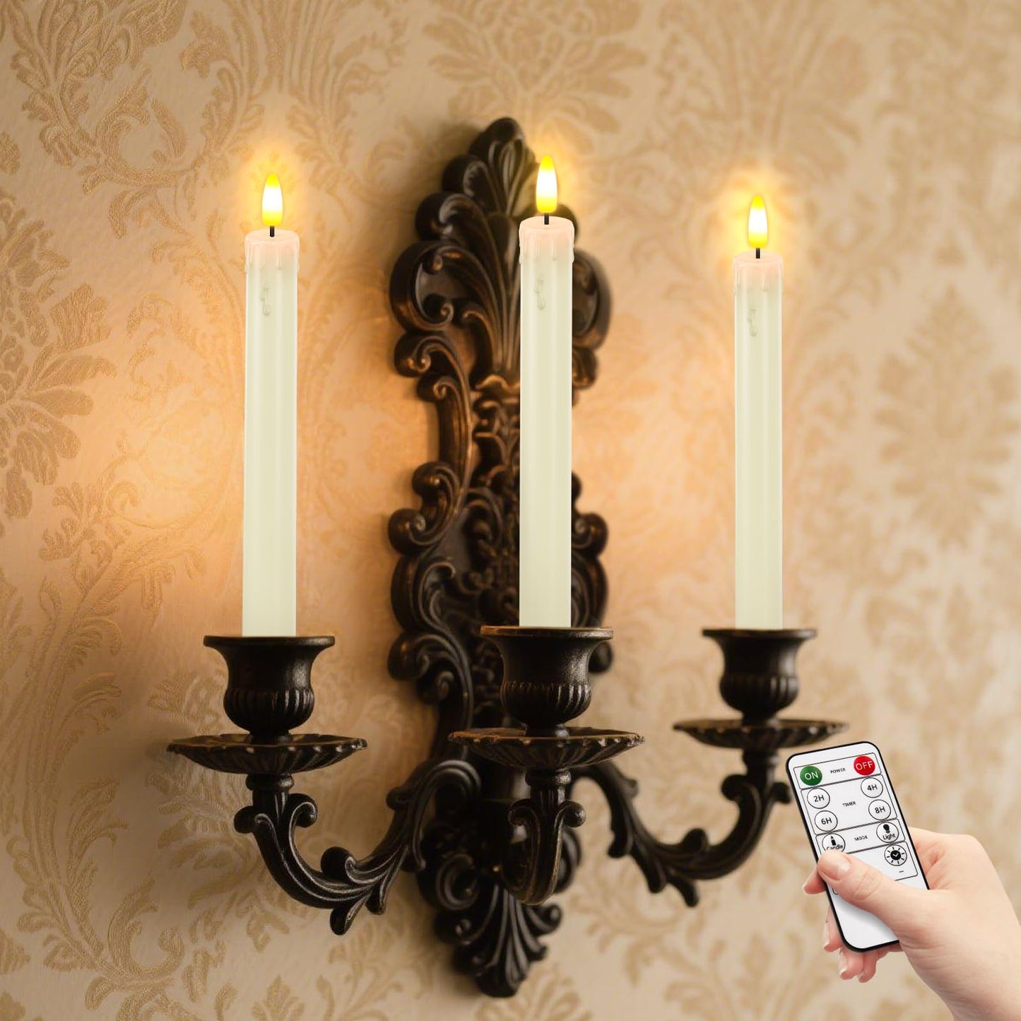 HL Flameless Taper Candles with Remote Timer, 450H+ Long Lasting Battery Operated LED Candlesticks with Warm 3D Flickering Flame, 9.6" Window Candles for Halloween Christmas Home Decor (Ivory 6Pcs)