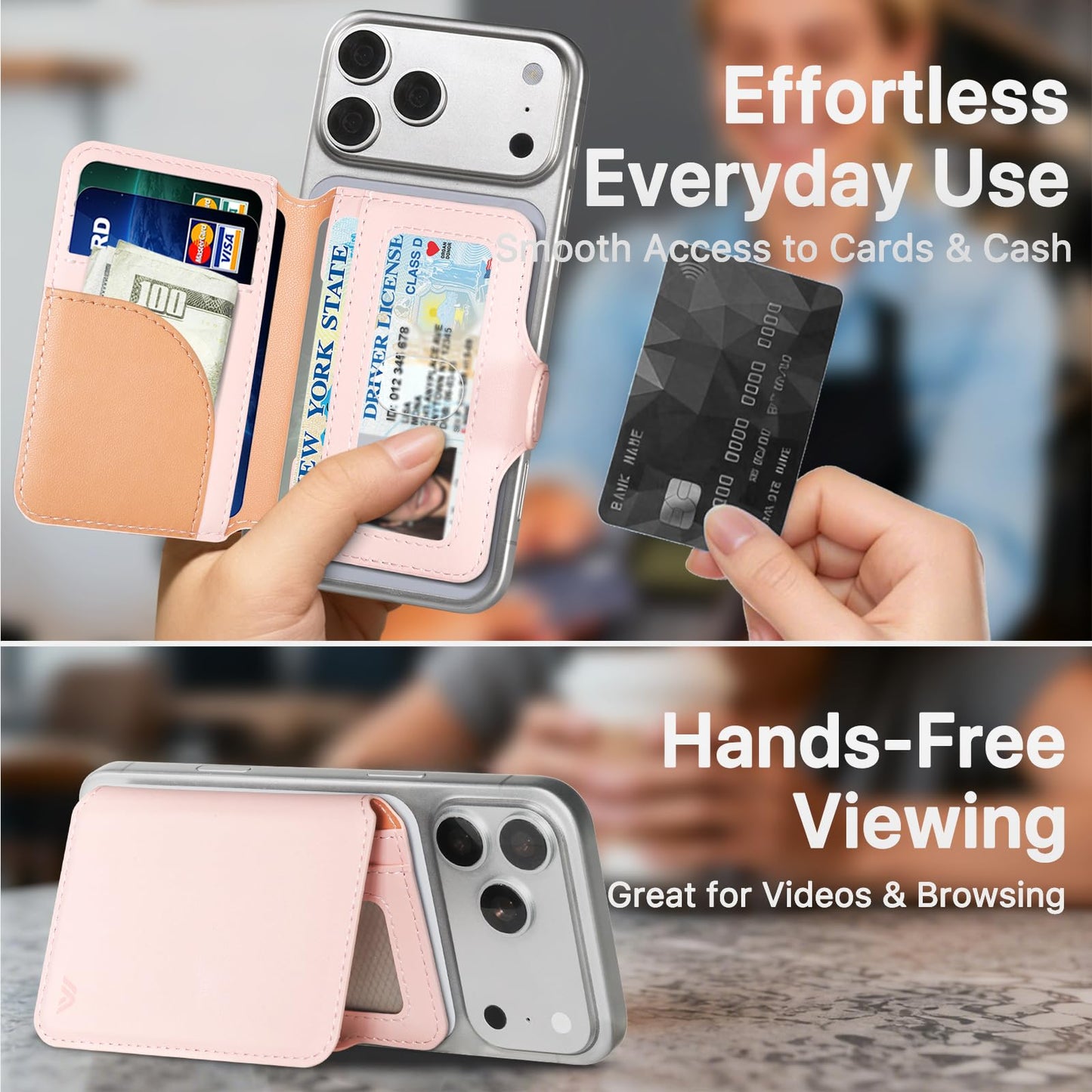 MEFON for MagSafe Wallet, Magnetic Phone Wallet RFID Blocking, Slim 5-8 Card Holder with Cash Slot & Clear ID Window, Minimalist Mag Safe Wallets for iPhone 17/16/15/14/13/12 Series, Blush Pink