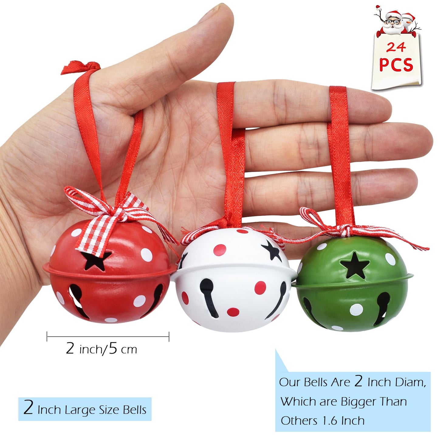 24 Pcs Christmas Jingle Bells 2" Star Cutouts Metal Decorative Bells with Ribbons Xmas Tree Ornaments for Wreath Festival Crafts Home Decorations