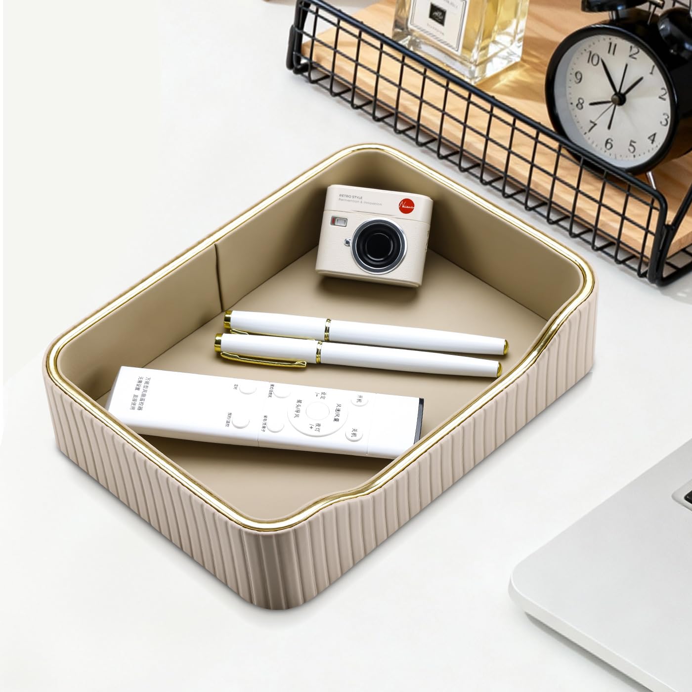 KINGFOM Prefume Tray, PU Leather Valet Tray Nightstand Organizer Trays for Men Women, Table Centerpieces Decorative Vanity Trays, Desk Organizer Tray for Key Jewelry Cosmetics (Beige)